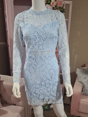 Eilly Bazaar Women's XS Baby Blue Lace Crochet Peek-a-Boo Long-Sleeve Dress NWOT